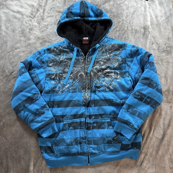 Mma Elite Other - Vintage Y2K MMA Elite Hoodie Size L Blue Sherpa Lined Zip Up Skull Affliction